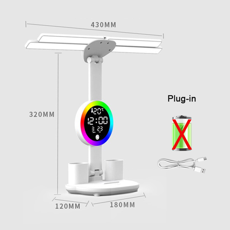 Candeeiro de mesa recarregável para estudo, candeeiro de mesa luz de leitura led candeeiro de mesa com ventilador, relógio led dispaly lâmpada de leitura: Bege