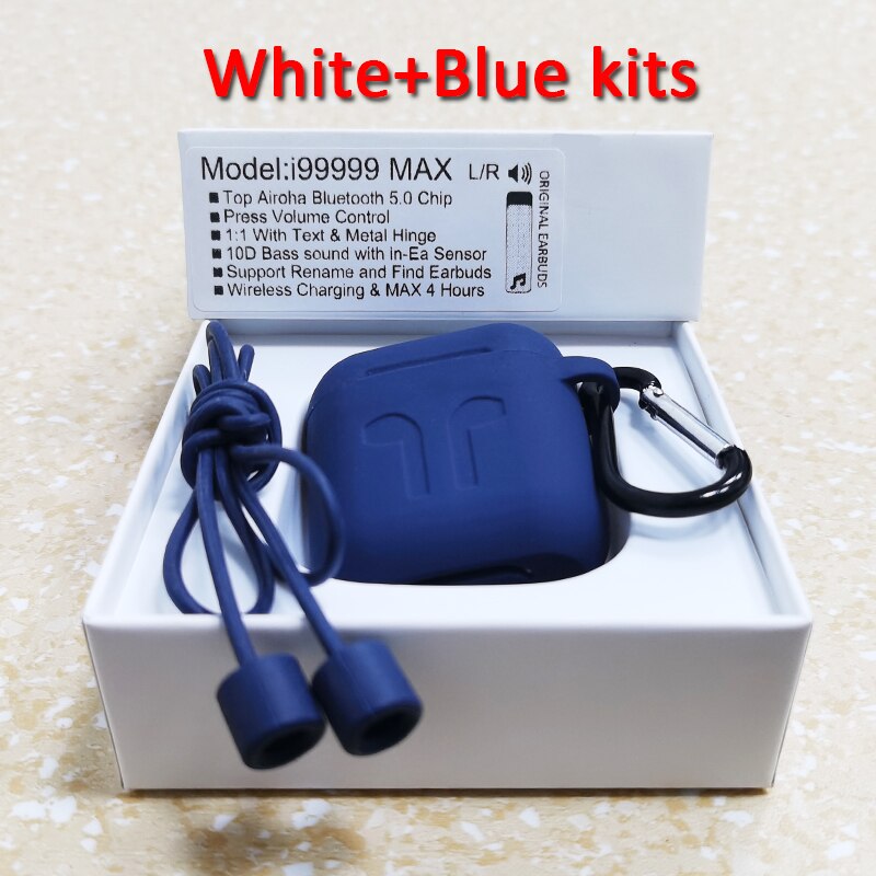 i99999 MAX TWS Volume Control Wireless Earphones 1:1 With Text & Metal Hinge Bluetooth Earbuds 10D Super Bass PK i99999 Plus: White Bluecase