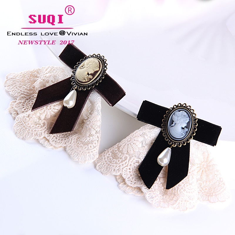Women Delicate Lace Velet Ribbon Bow Queen Cameo Venetian Pearl Vintage Brooch for Birthday Christmas Lady