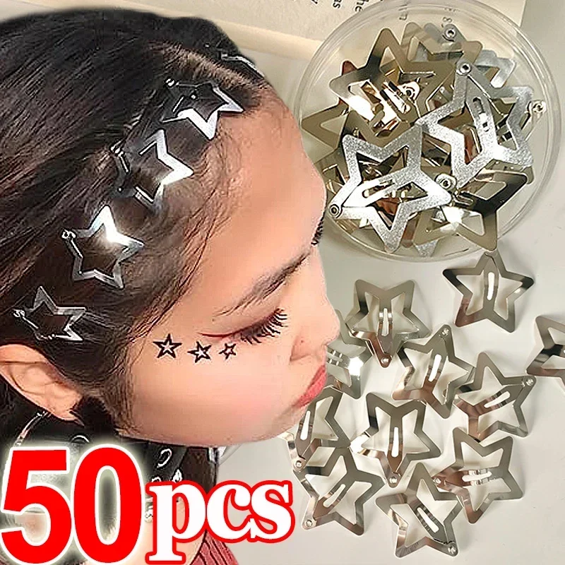 2/50 Uds Y2K pinzas para el cabello de estrella plateada para niñas estrella de filigrana Clip de presión de Metal pasadores joyería para el cabello sin níquel horquilla