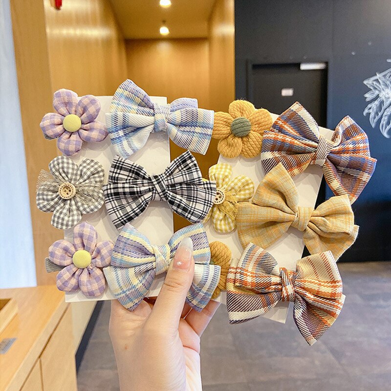 6/7 Pcs Baby Haar Clips Bloem Bogen Kids Haarspelden Voor Meisjes Plaid Gedrukt Kinderen Haarspeldjes Baby Meisje Haar Accessoires
