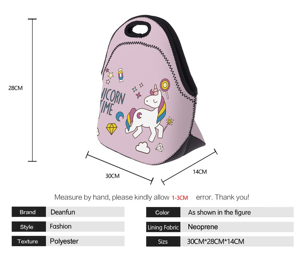 Deanfun Neopreen Lunch Tas 3D Gedrukt Eenhoorn Tijd Draagbare voor Vrouwen Picknick Snack 73003