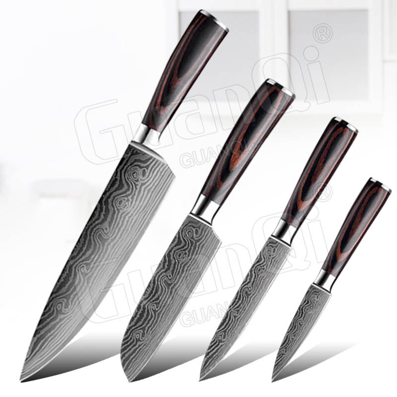 Kitchen Knives Sets Sharpest Damascus Kitchen Chef Knives Santoku Cleaver Paring Steak Slicing Utility Boning Knife: 4PCS-Set B