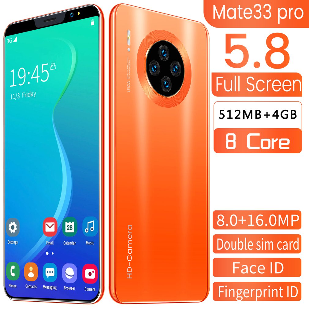 Mate33 pro smartphone com 512m + 4ggb grande memória 5.8 Polegada suporte de tela face/impressão digital desbloqueio duplo sim telefones celulares laranja