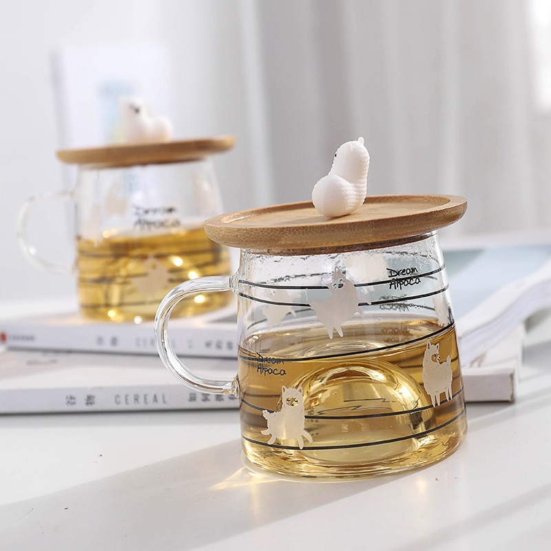 Leuke 3D Alpaca Glas Mok Met Bamboe Deksel, hittebestendig Glas Mokken Ochtend Mok Melk Koffie Thee Ontbijt Cup Voor