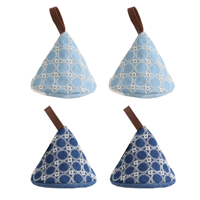 Bordado japonés para cocina, tapa triangular antiquemaduras con asa para olla, aislamiento térmico, guantes de tela, chaqueta para olla: Light Blue Dark Blue