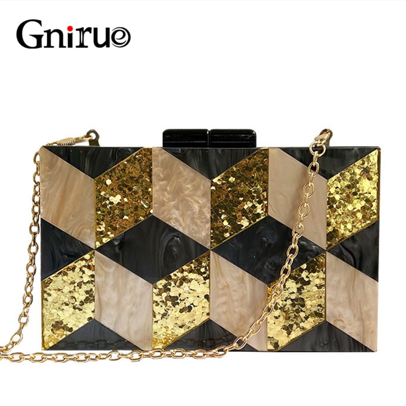 Female Black Pearlescent Acrylic Evening Bags Vintage Women Messenger Bags Gold Sequins Clutches Patchwork Party Handbags