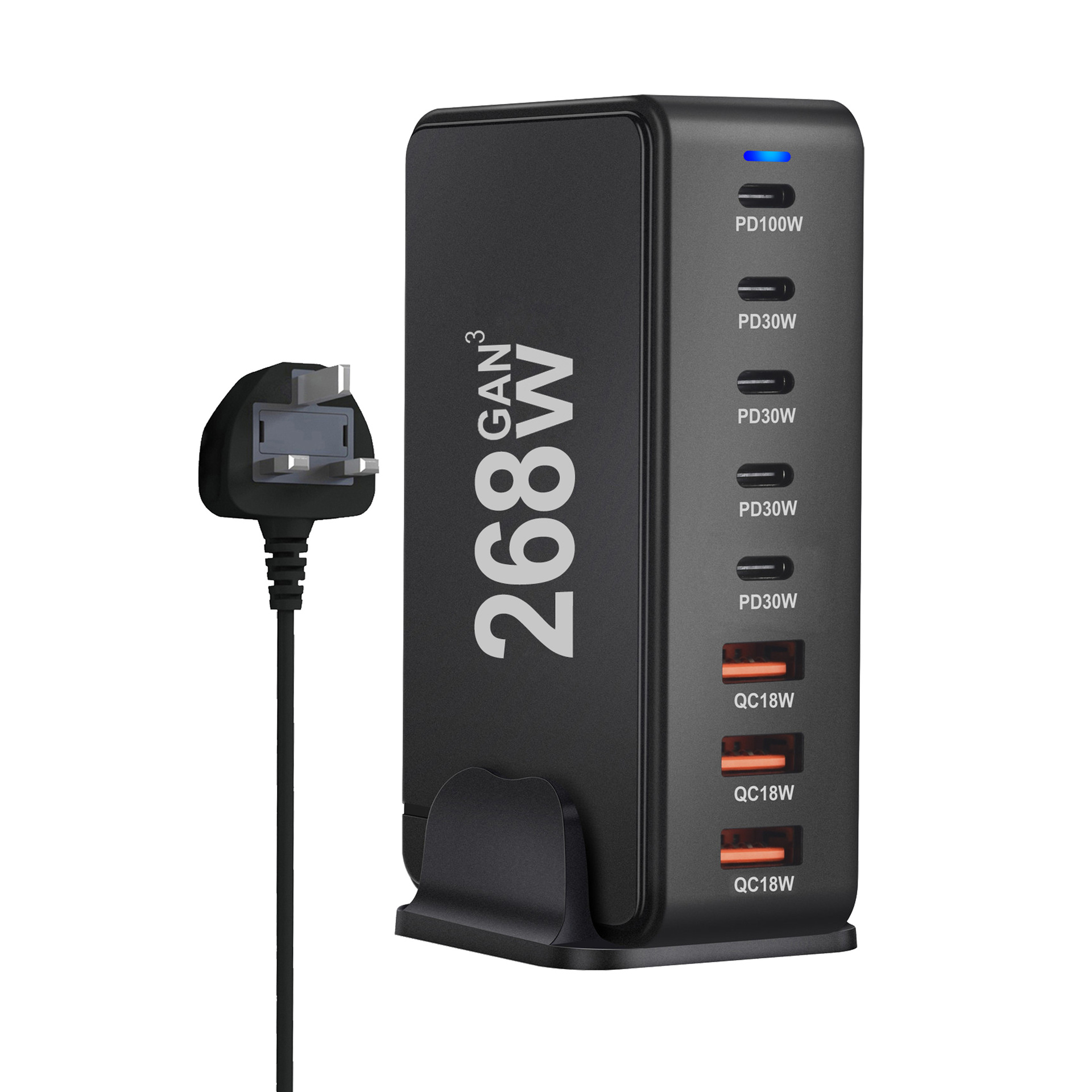 Uk eu au us stekker 268w gan pd wandlader met meerdere poorten, oplader voor mobiele telefoons, adapterhub, snellader voor op het bureau, eendenzwarte kleur: Vk