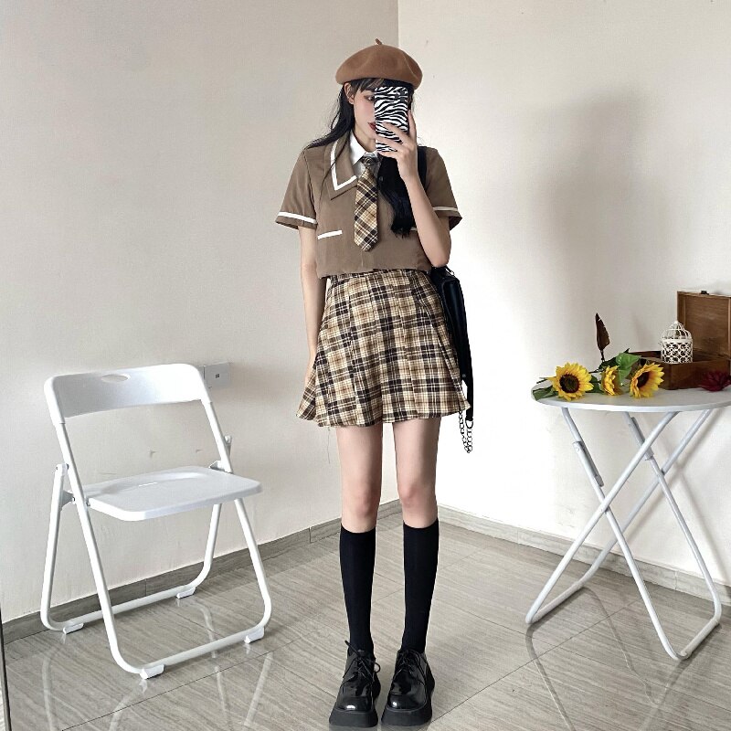 Uniforme scolaire japonais Harajuku Jk d&#39;été, jupe plissée à manches courtes pour femmes, Streetwear à carreaux Mini jupes 2022