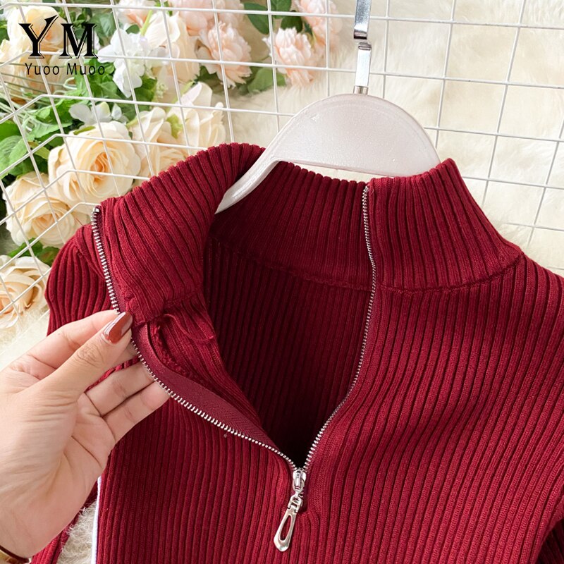 YuooMuoo Autumn Winter Women Sweater Dress Zipper Collar Long Sleeve Casual Knitted Bodycon Dress Slim Stretchy Ladies Dresses