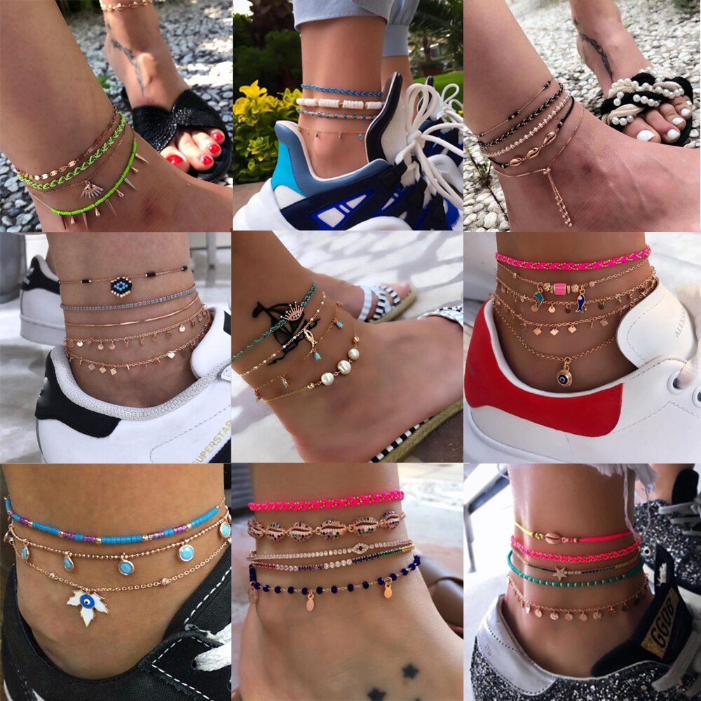 Tocona 15 Stil Fußkettchen Armbänder für Frauen Sommer Hülse Quaste Bunte Webart Korn Fuß Kette Böhmischen Schmuck