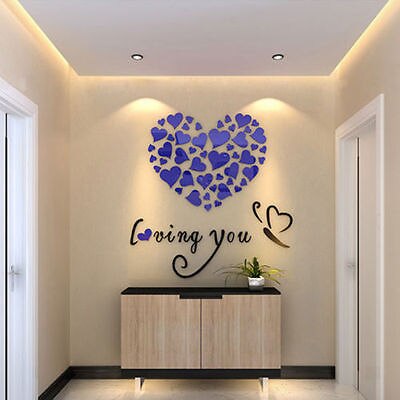 Ensemble Salle De Mariage Beauté Romatical Amour Coeur DIY 3D Miroir Acrylique Stickers Muraux Accueil Porte Art Décor: Bleu