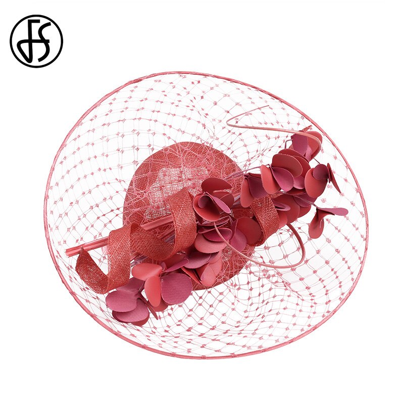 FS Womens Fascinators Red Derby Hat Flower For Lady Sinamay Church Hats Big Brim Fedoras Black Wedding Party Dress Hat