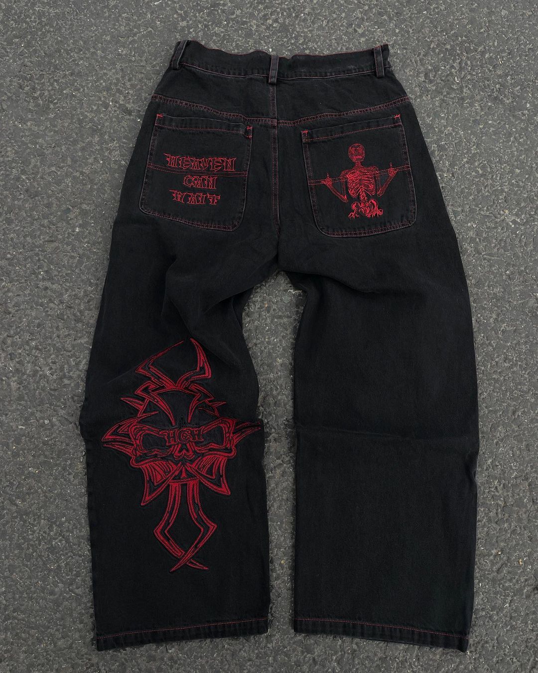 Y2K vende nuevos pantalones vaqueros bordados retro hip-hop americanos Harajuku Rock gótico pantalones sueltos de pierna ancha ropa de calle para hombres y mujeres: S / Gris oscuro