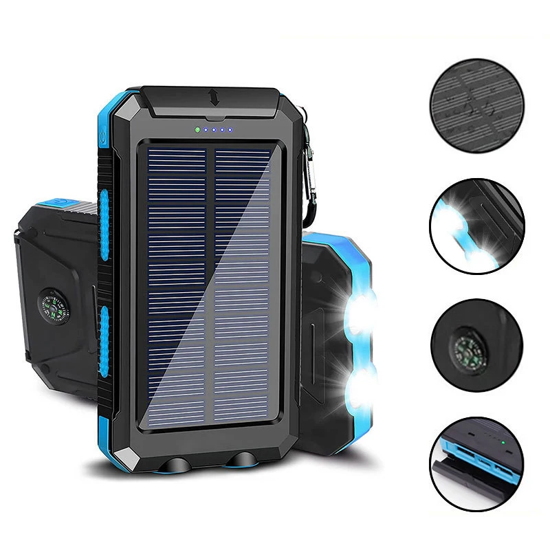 20000mAh batterie solaire charge rapide chargeur Portable téléphone batterie externe 2-USB avec lampe de poche SOS Powerbank extérieur: Bleu / 6000mAh