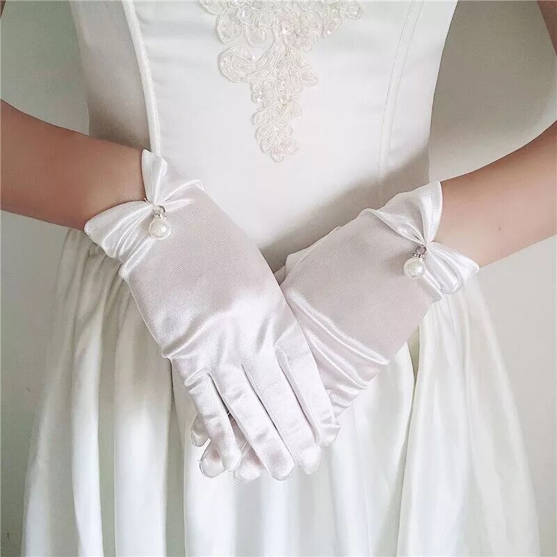 Guantes finos de satén para mujer, con etiqueta elástica, elegantes, encaje de perlas, lazo, protección solar UV, manoplas para conducir y ciclismo, Verano