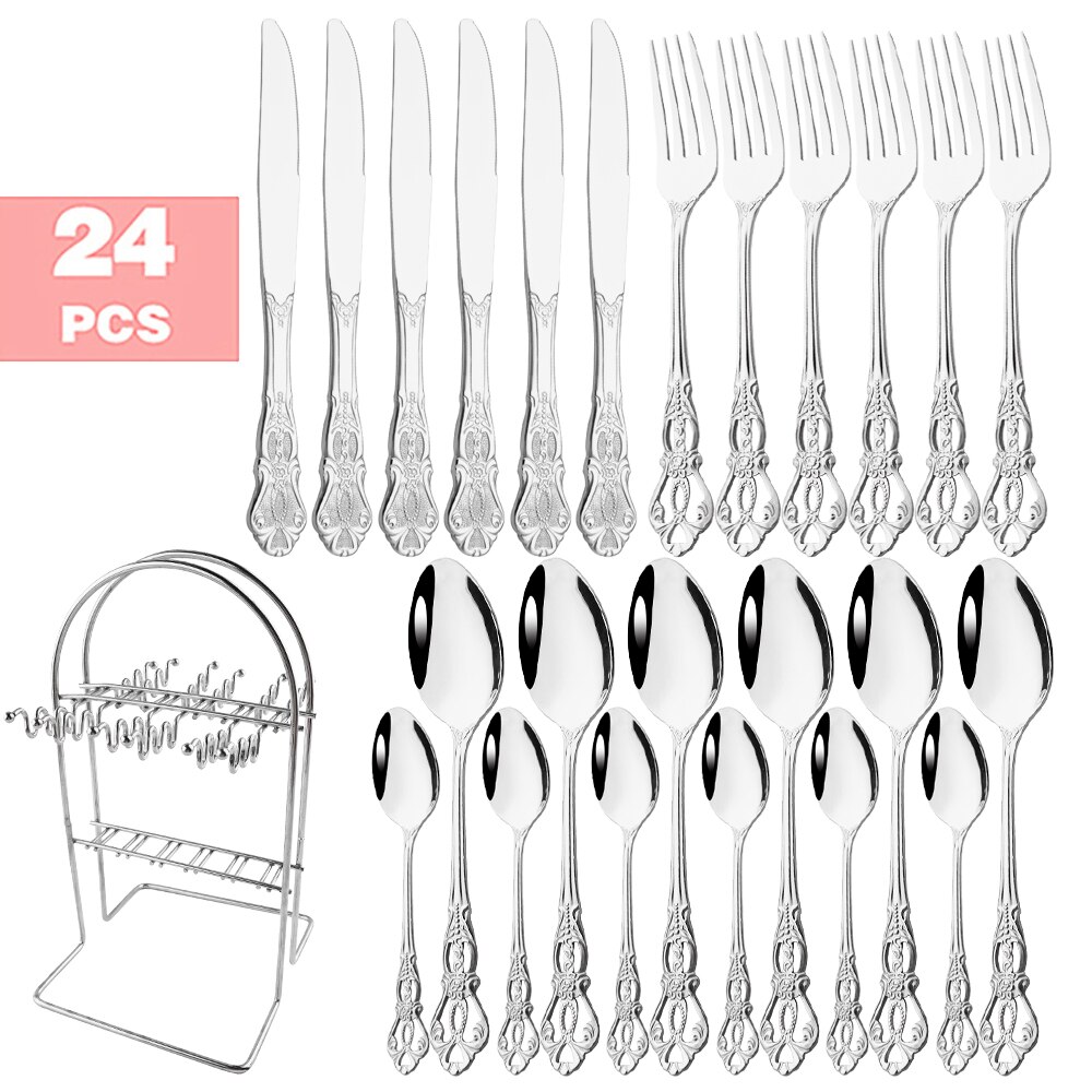 6-24pcs Luxury Wedding Silverware set Silver Dinnerware Knife Fork Tea Spoon Retro Kitchen Flatware Tableware Cutlery Rack Set