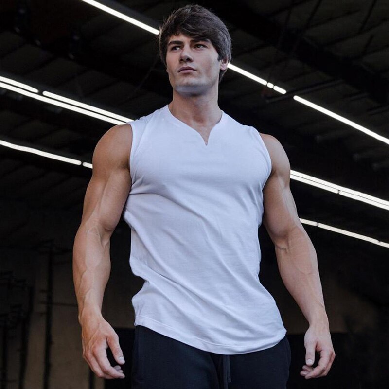Compression Vest Bodybuilding Stringer Singlets Gym Tank Top Men Fitness Clothing V-neck Cotton Running Sleeveless T Shirt
