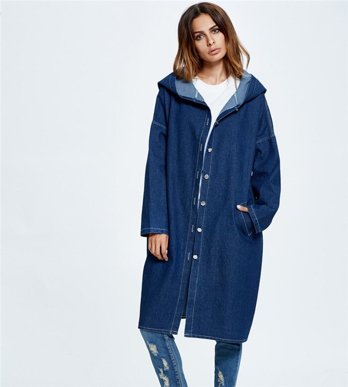 Gabardina vaquera de talla grande para mujer, abrigo largo de manga larga con capucha, rompevientos, básico, informal, primavera y otoño: Navy blue