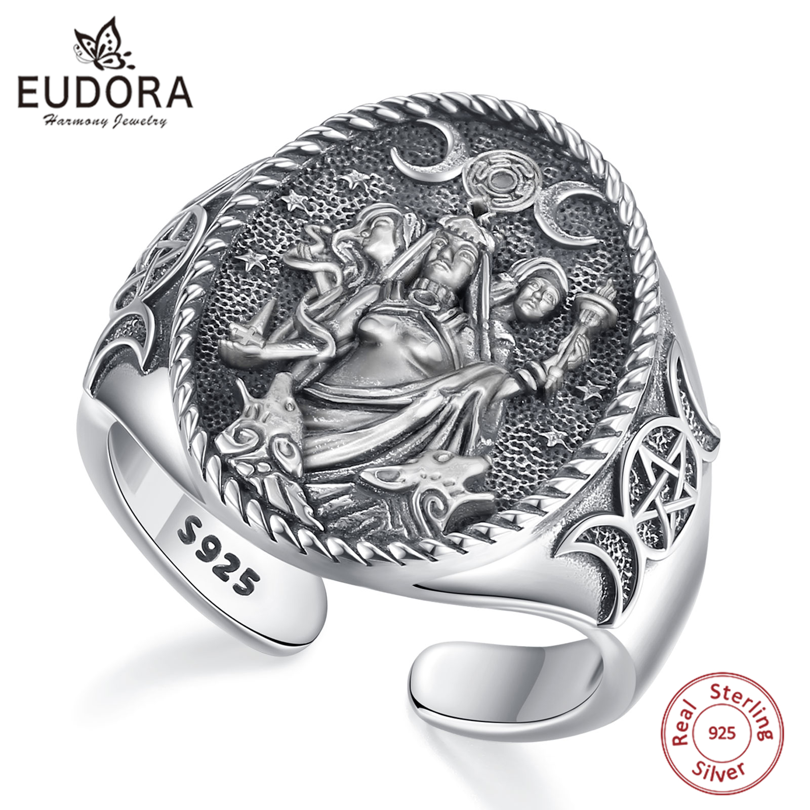 Anillo ajustable Eudora de Plata de Ley 925 con Triple diosa de la Luna, amuleto de perro Hecate, joyería de diosa Triple para mujer y hombre,