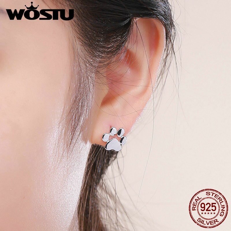 Wostu Real 925 Sterling Zilver Leuke Hond Voetafdrukken Tiny Stud Oorbellen Voor Vrouwen Party S925 Zilveren Sieraden CQE407