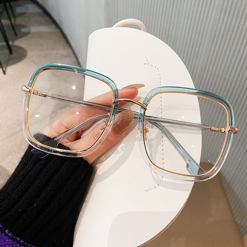 Metal Square Glasses Frame Women Brand Oversized Polygon Eyeglasses Frames For Men Optical Spectacles: Green Clear1671