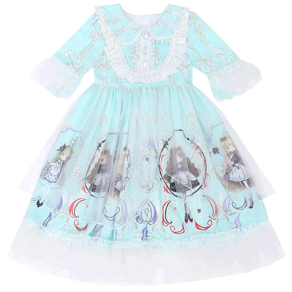 Girls Kids Pan Collar Lace Cover Up Floral Print Sweet Lolita Princess Dress