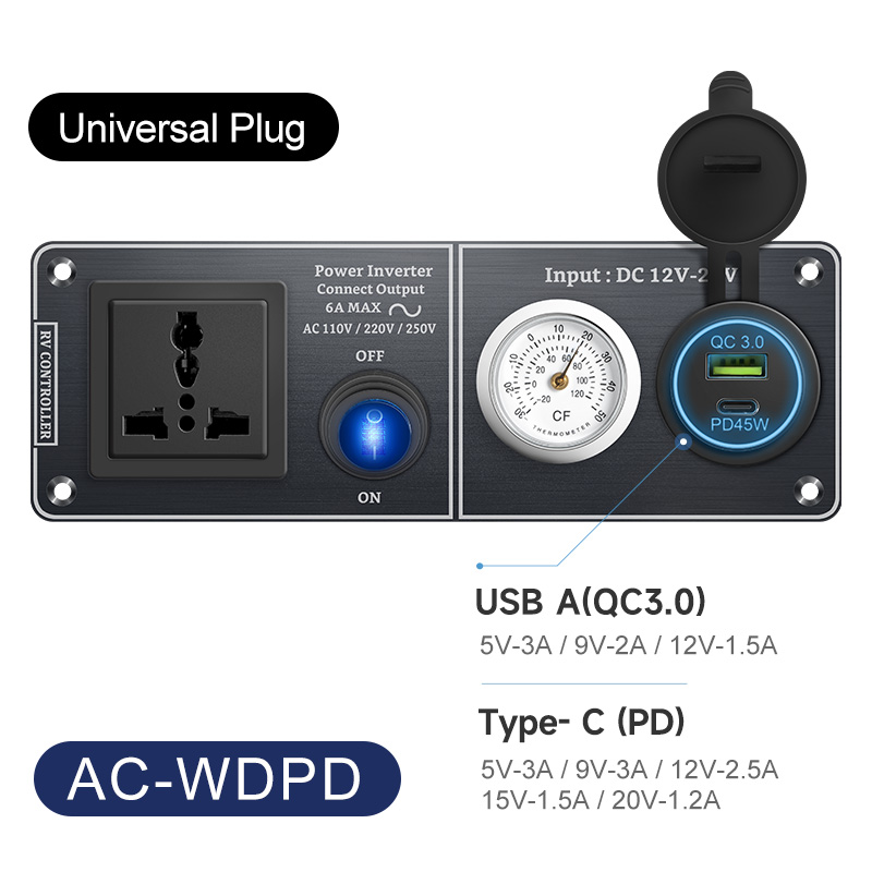 Autoladegerät Multifunktions-Aluminium-Panel-Thermometer AC110V 220V Dual Port USB QC3.0 12V 24V für Wohnmobil-Yacht-Reiseanhänger: Black