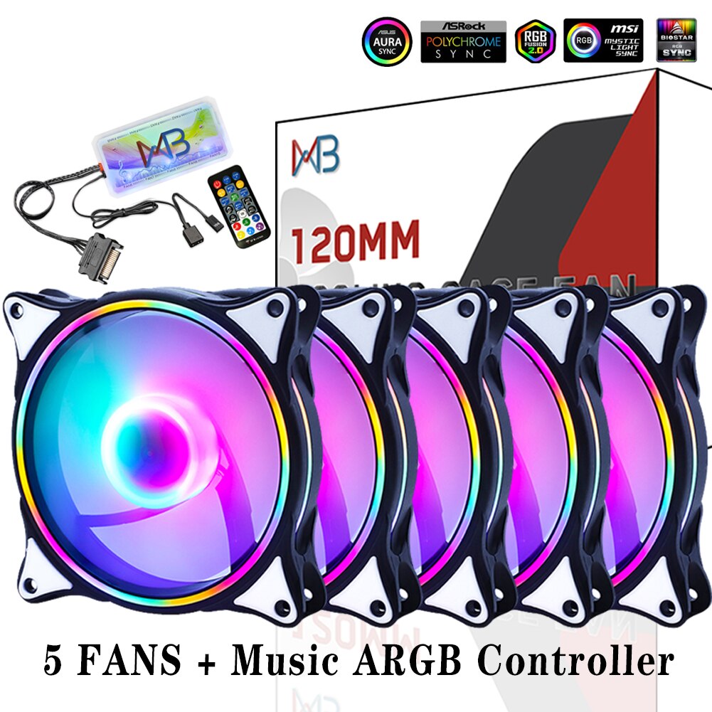 WOVIBO-Ventilador ARGB SYNC RGB de 120mm, Ventilador de refrigeración arcoíris, carcasa de ordenador, chasis, 5V, ajuste silencioso, 12cm Aura: 5Fans wish Music