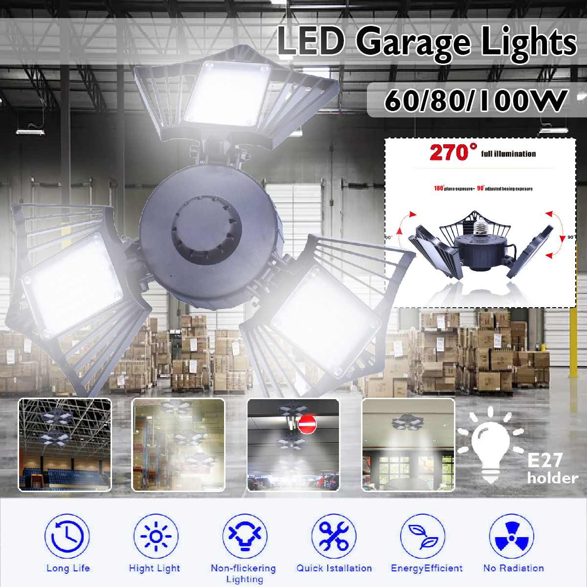 Led garasjelys 100/80/60w e27 led lys treblads gruvelampe deformerbar sammenleggbar lampe 6000lm glødende lys industribelysning