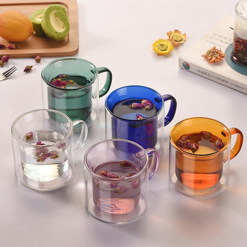 Vaso de agua de vidrio de borosilicato, vaso de agua de doble capa , taza de café Retro multicolor con Mango/200ml