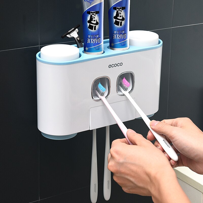 Automatisk tandpasta dispenser støvtæt tandbørsteholder med kopper ingen negle vægstand hylde badeværelse tilbehør sæt: Blå