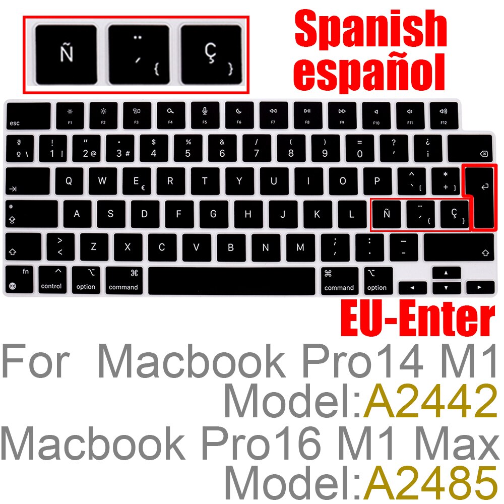 Farve silikone spansk/chile tastatur skin cover til macbook pro 14 a2442 m1 chip pro 16 m1 max  a2485 tastatur cover: Eu-es-sort