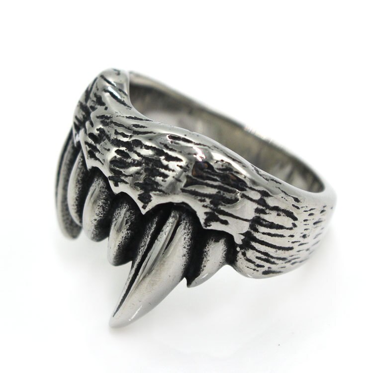 AsJerlya Titanium Steel Animal Teeth Rings For Men Punk Ring Hip Hop Rock Stainless Steel Ring Jewelry