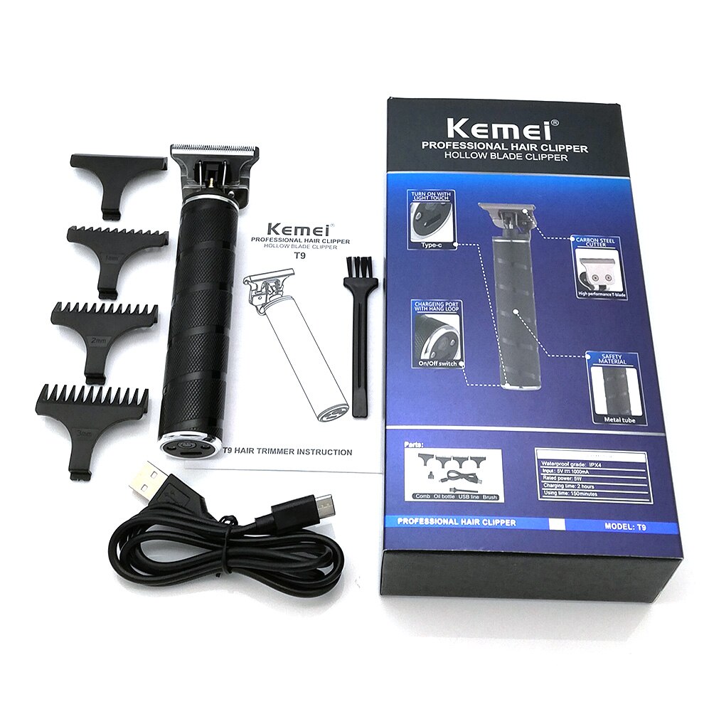 Kemei T9 Pro Li T-Outliner Skeleton Heavy Hitter Cordless Trimmer Men 0mm Baldheaded Hair Clipper Finish Hair Cutting Machine: black with box