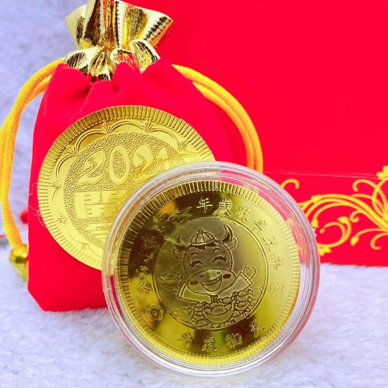 Year of The Ox Zodiac Gold Coin with Year Red Cloth Bag Commemorative Coin Feng Shui Decorations Supplies GHS99