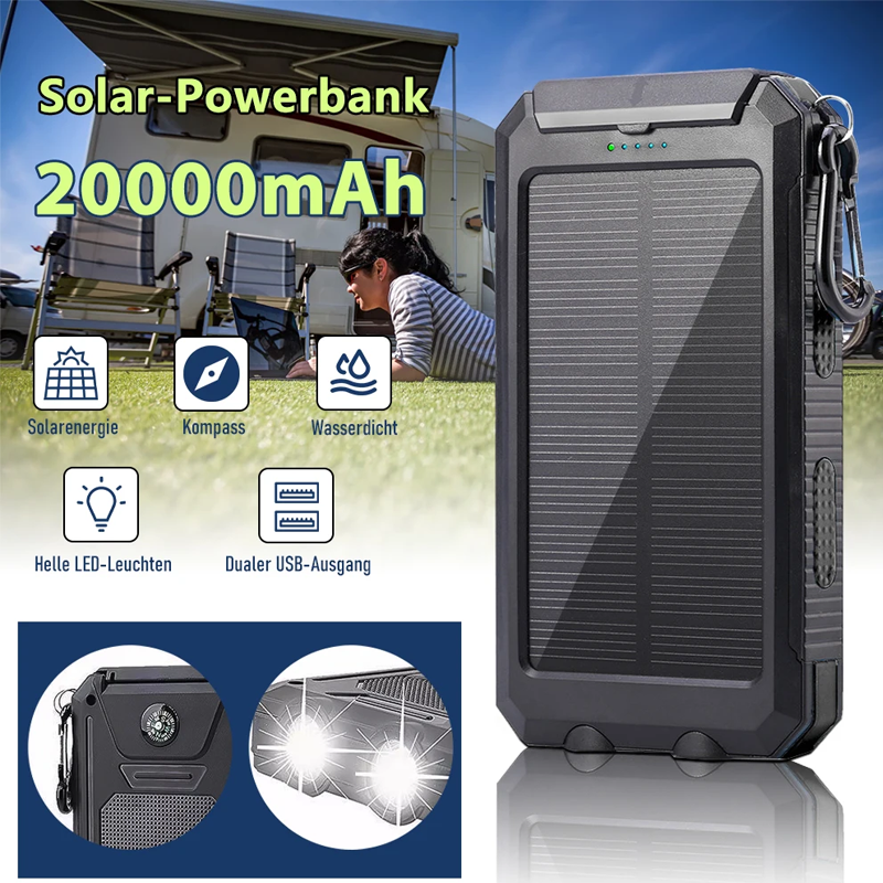 20000mAh batterie solaire charge rapide chargeur Portable téléphone batterie externe 2-USB avec lampe de poche SOS Powerbank extérieur