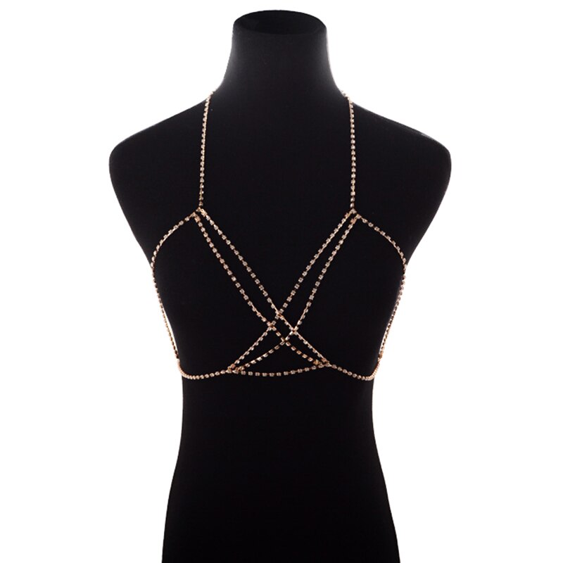 Sexy strass corps chaîne pour femmes strass bijoux croix poitrine chaîne brillant cristal soutien-gorge corps partie poitrine bijoux accessoire