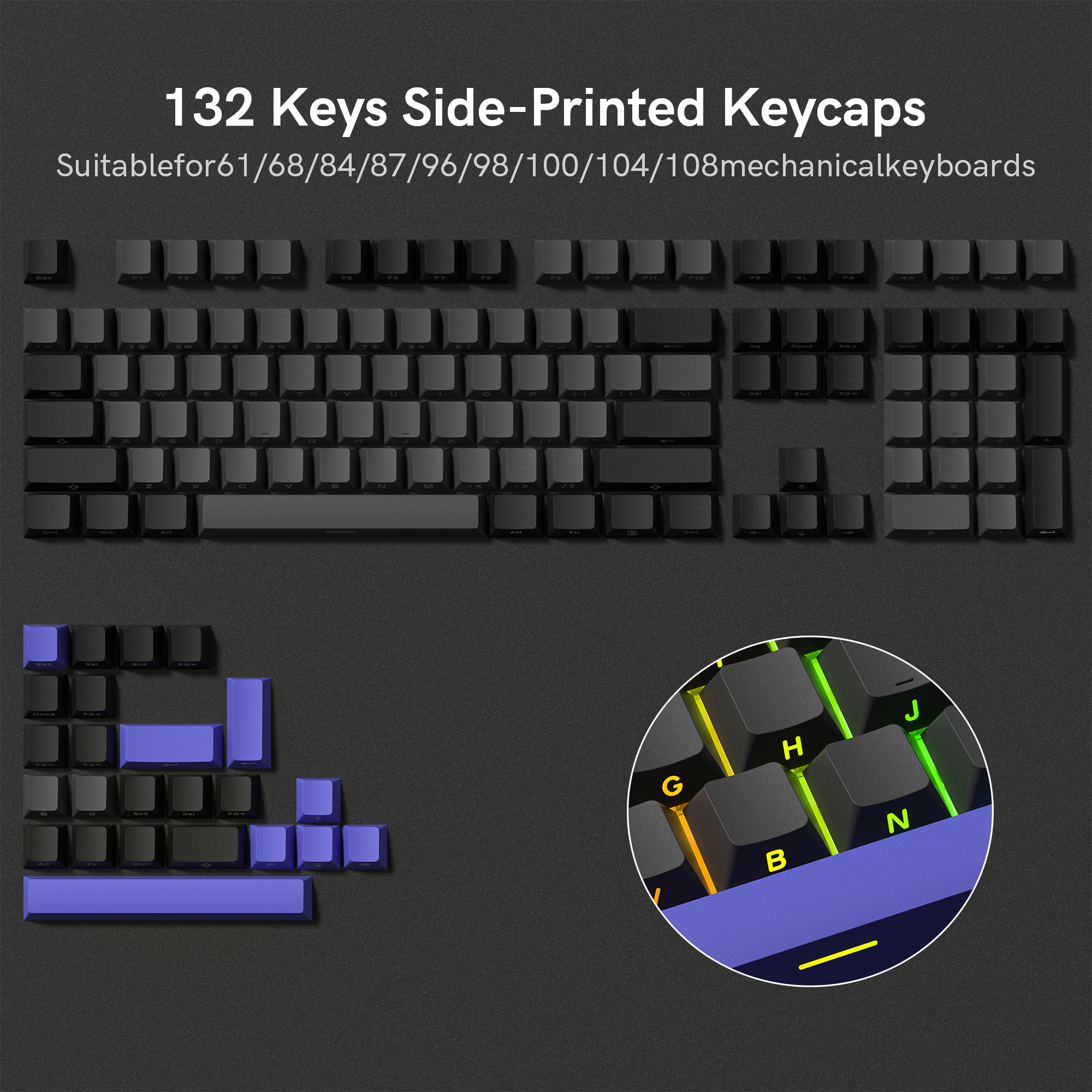 123 Keys Black PBT Keycap Backlit Side Print Double Shot Cherry Profile Key caps for MX Switches Mechanical Gaming Keyboard: Beige