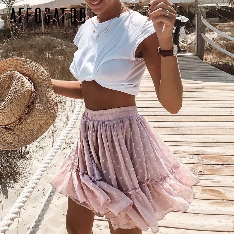 Affogatoo ledig prickig volang sommar rosa kjol kvinnor en linje hög midja veckad kort kjol blommig strandkjol i chiffong: S19 sk 0470-3 / L