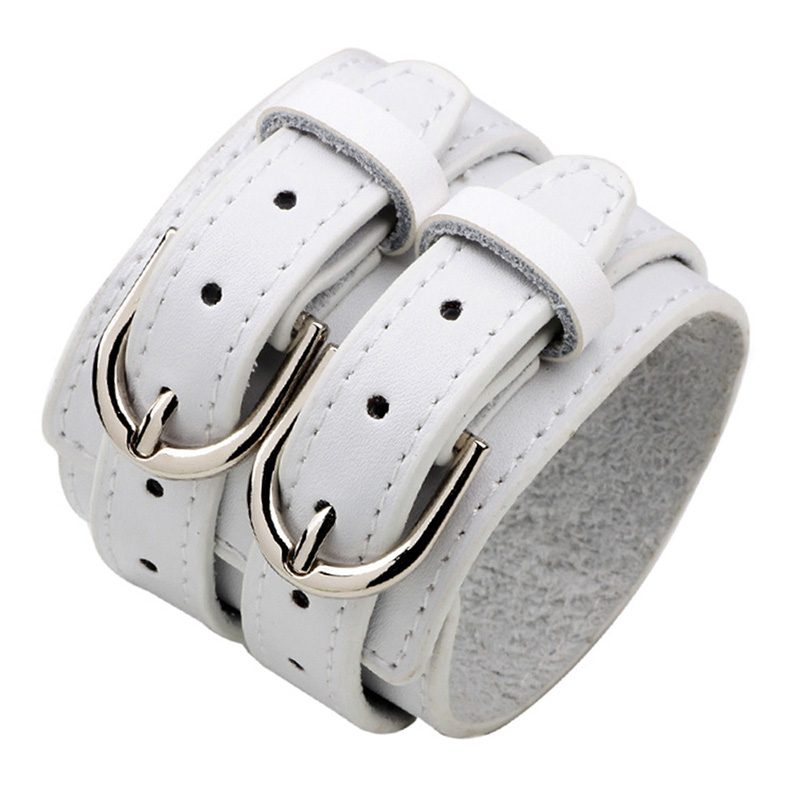 3 couleur Double ceinture en cuir poignet amitié grand large Bracelet pour hommes boucle Vintage Punk bijoux pour YWQR2300: white