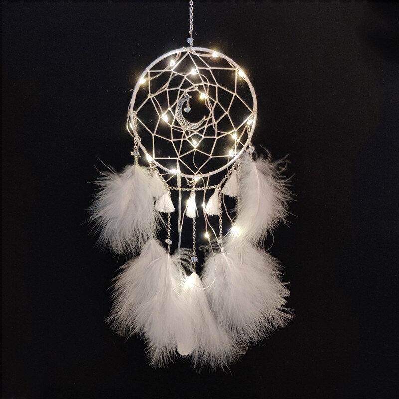 1 Pc Dream Catcher Led Handgemaakte Veren Nachtlampje Opknoping Thuis Kamer Decoratie Baby Muur Decor Voor Baby Bed Bumper decoratie: white with light