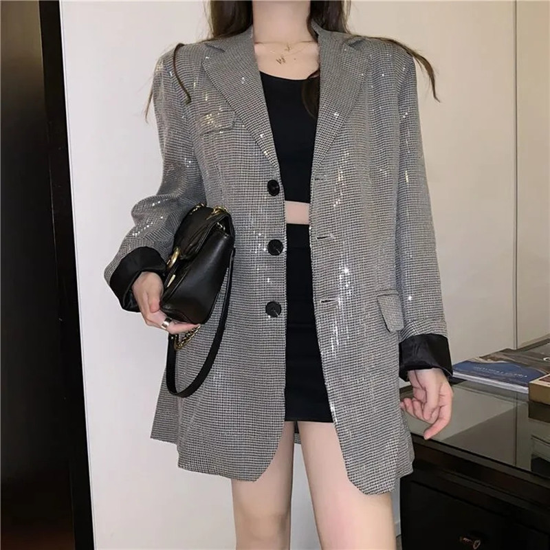 Hstar – petit costume de rue à paillettes pour femme, Blazer ample, coréen, nouvelle veste drapée, bureau, printemps-automne, 2022: Gray 1 / S
