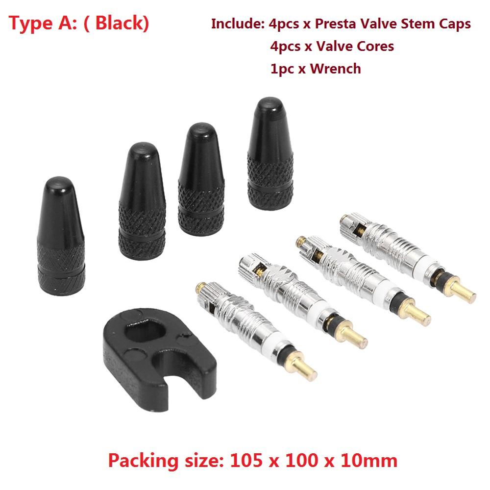 4pcs Presta Valve Stem Caps 4pcs Bike Valve Cores with Wrench Bicycle Tool Kit Bicycle Accessories: Black
