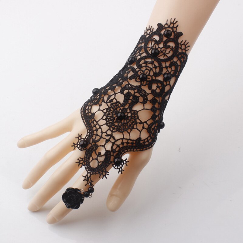 Ślub z czarnym kwiatem róża taśma koronkowa bransoletka i regulowany zestaw pierścieni panna młoda dla nowożeńców ręcznie wykonane rękawiczki nadgarstek biżuteria akcesoria