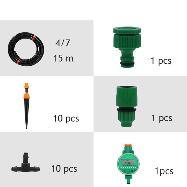 Micro Drip Plant Watering Kit DIY Garden Irrigation Mist Cooling System with Adjustable Nozzles and Water Timer Package: 10M and Timer