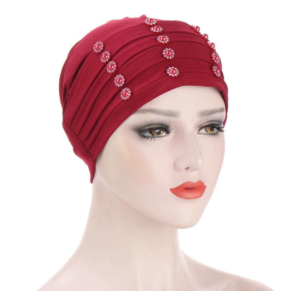 Vrouwen hoofddoek tulband mutsen parels hijab muts rekbare binnen hijabs moslim hoofddoek hoed vrouwelijke onderdoek mutsen: 3
