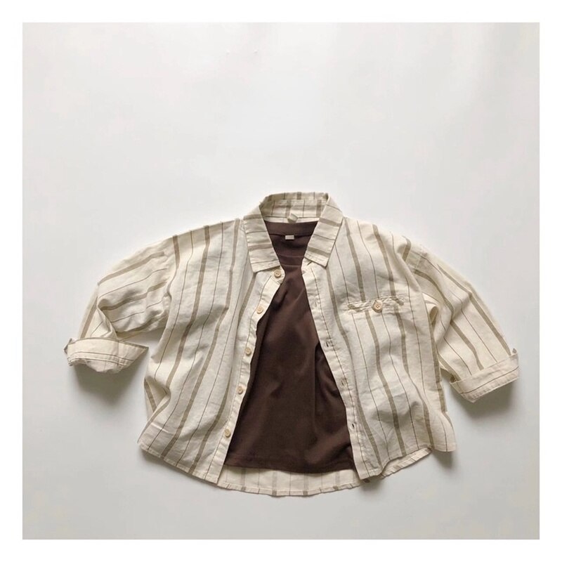 Estilo coreano meninos listra vertical algodão camisas crianças turn-down collar casual legal topos