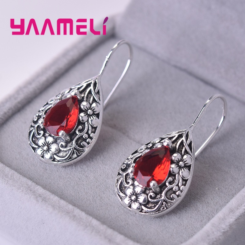 Pendientes de gota de agua de estilo Retro para mujer, Plata de Ley 925 antigua, circonita roja, tallado de flores