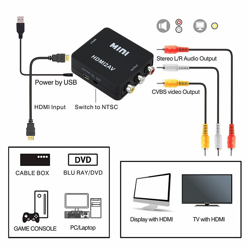 Aankomst Hdmi Naar Av Converter Hd Video Converter Box Hdmi Naar Rca Av/Cvsb L/R Video 1080P Mini Hdmi Naar Av Ondersteuning Ntsc Pal